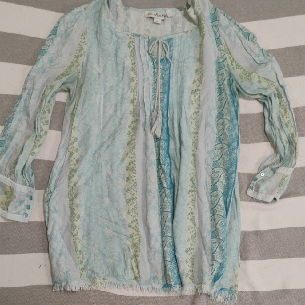 Simply Noelle Lightweight Light Blue and Green Striped Tunic Fits Small/Medium
